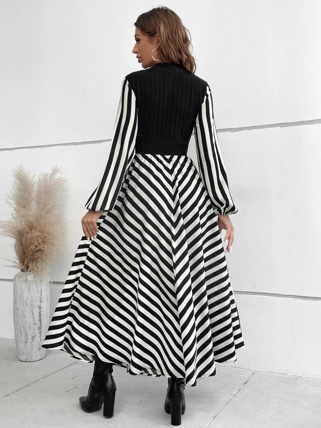 Calvaya Striped Mock Neck Lantern Sleeve Dress without Belt Maxi Women Outfit Fall Cloth for Women
