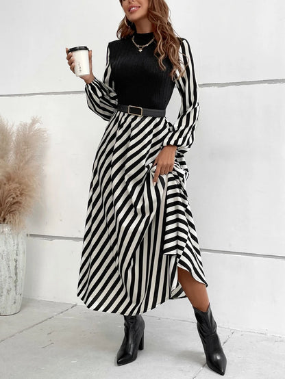 Calvaya Striped Mock Neck Lantern Sleeve Dress without Belt Maxi Women Outfit Fall Cloth for Women