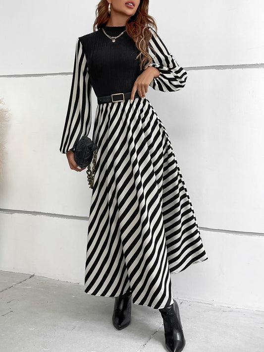 Calvaya Striped Mock Neck Lantern Sleeve Dress without Belt Maxi Women Outfit Fall Cloth for Women